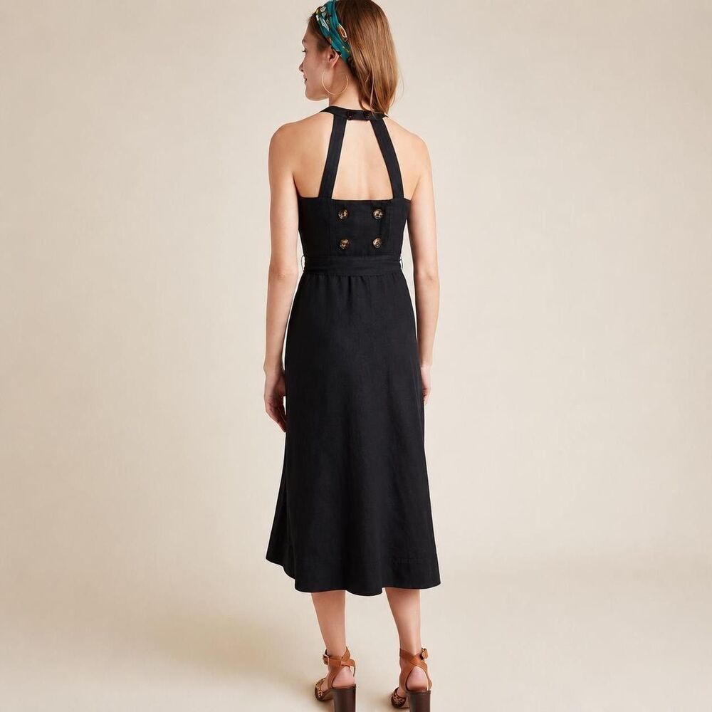 Anthropologie Women's Size 12 Black Linen Blend Halter Neck Midi Dress Timeless - Picture 2 of 9